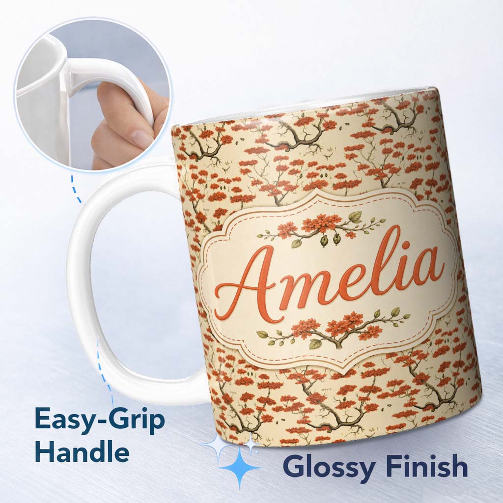 Personalized Custom Name Elegant Oriental Style Red Blossom Trees Seamless Pattern on Cream 11oz Ceramic Coffee Tea Mug White Large Handle