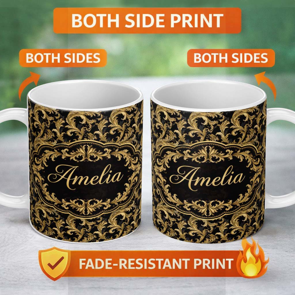 Personalized Custom Name Gold Black Baroque Scroll Seamless Pattern Elegant Royal Ornamental 11oz Ceramic Coffee Tea Mug White Large Handle
