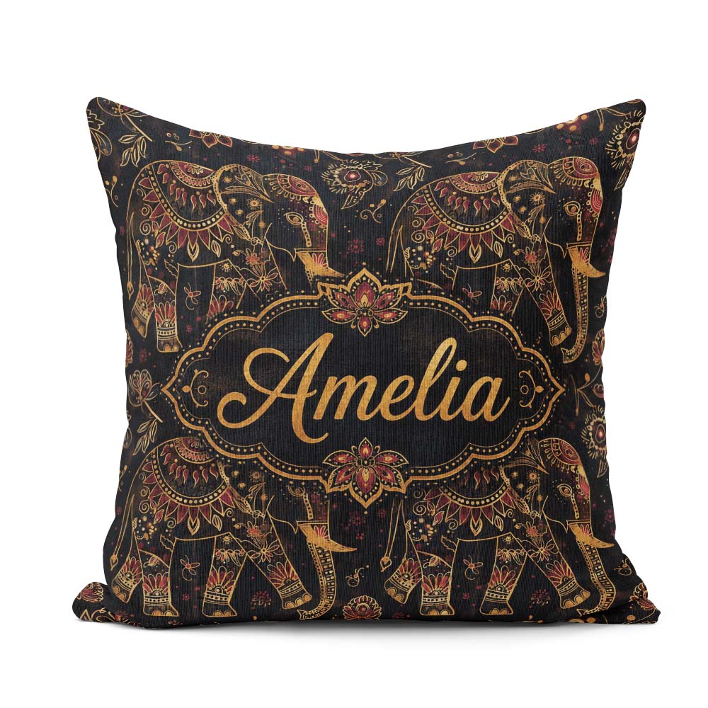 Custom Name Indian Style Elephant Floral Seamless Pattern Lovely Square Filled Cushion Throw Pillow Sofa Bed Home Decor Zip Washable UK Made