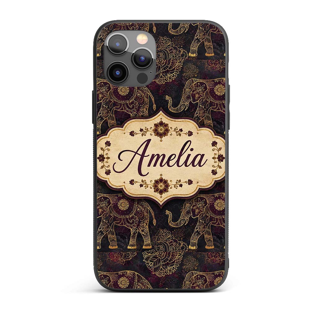 Elegant Gold Line Elephant and Paisley Seamless Custom Name Protective Phone Case Mobile Cover Durable Everyday Smartphone Shock Resistant