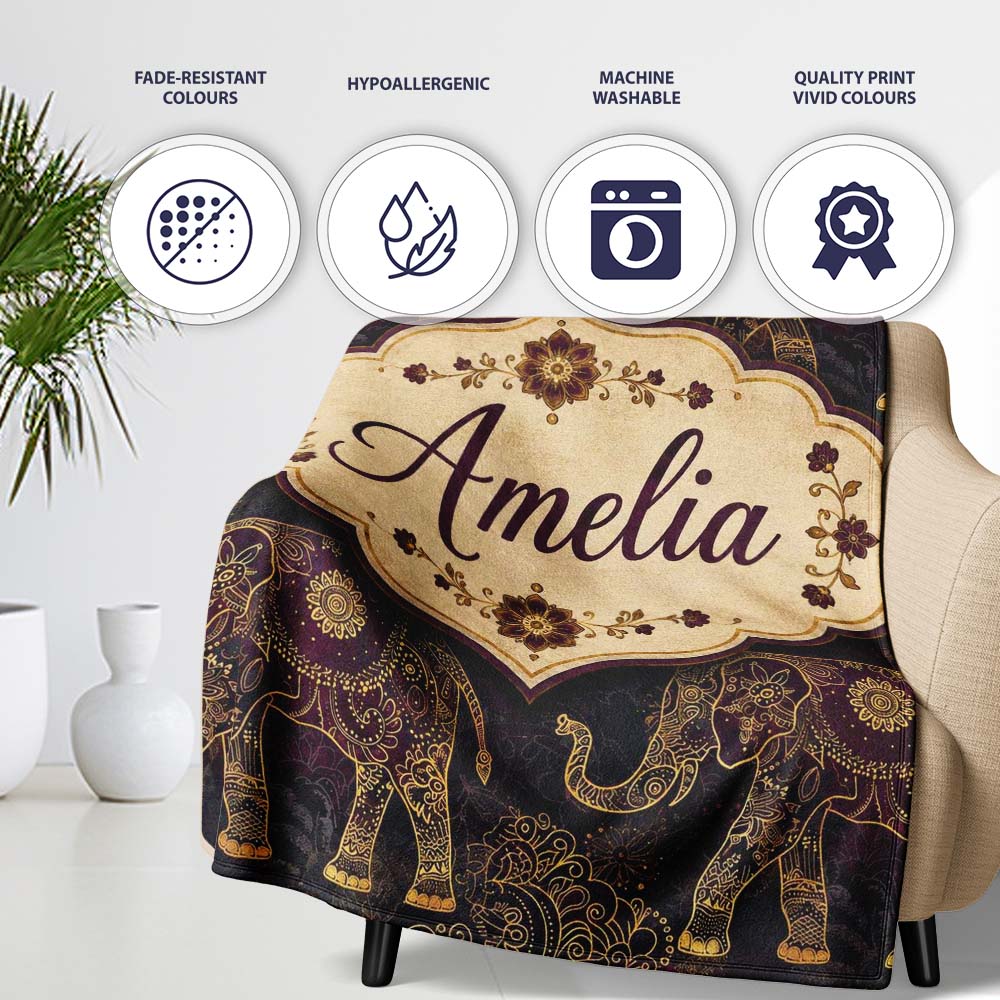 Elegant Gold Line Elephant and Paisley Seamless Pattern Lovely  Personalised Custom Name Super Soft Fleece Blanket Bed Sofa Throw
