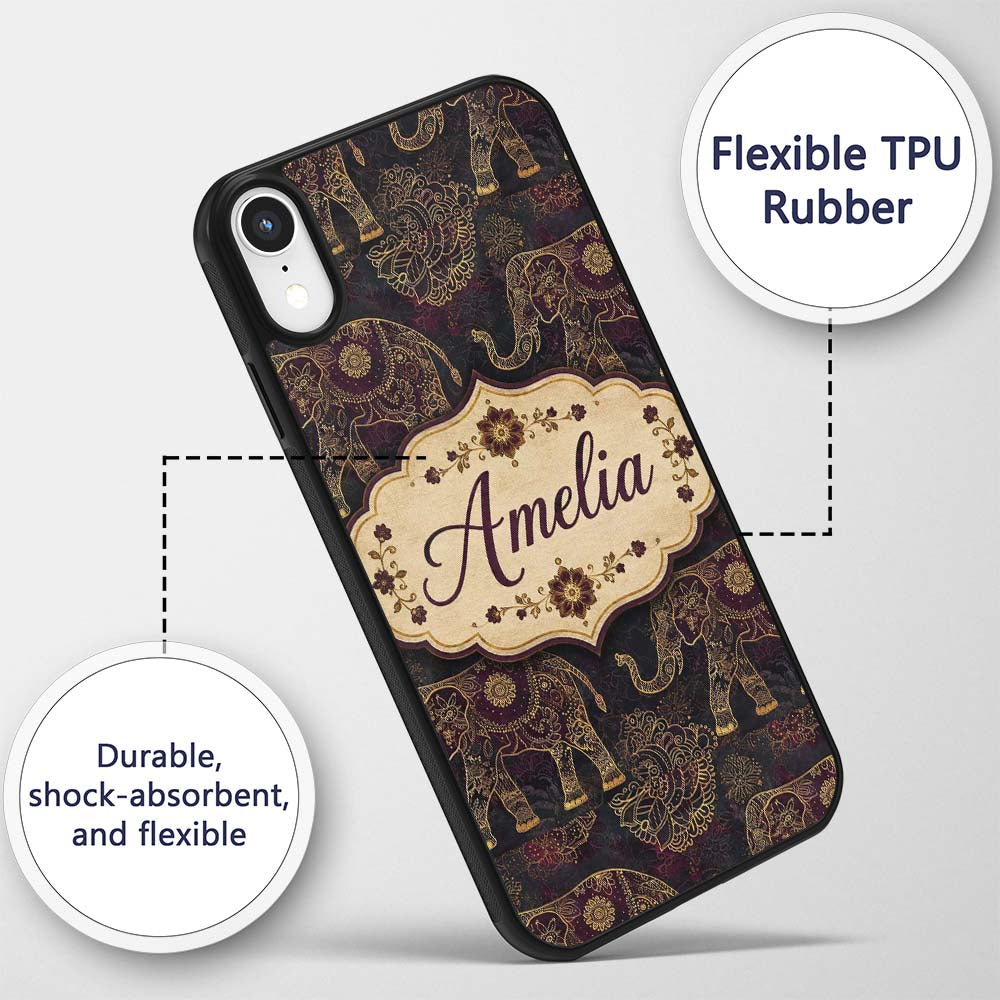 Elegant Gold Line Elephant and Paisley Seamless Custom Name Protective Phone Case Mobile Cover Durable Everyday Smartphone Shock Resistant