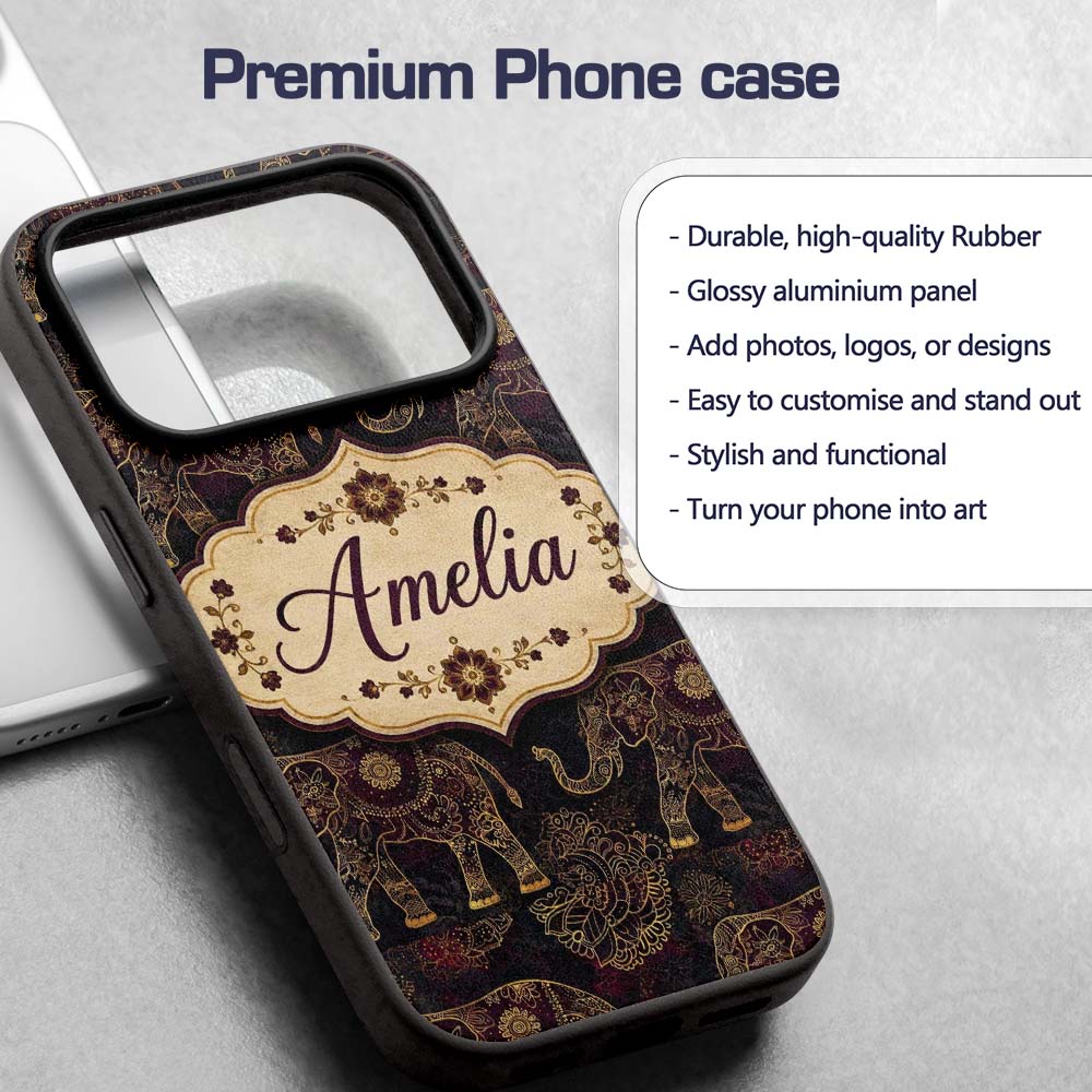 Elegant Gold Line Elephant and Paisley Seamless Custom Name Protective Phone Case Mobile Cover Durable Everyday Smartphone Shock Resistant