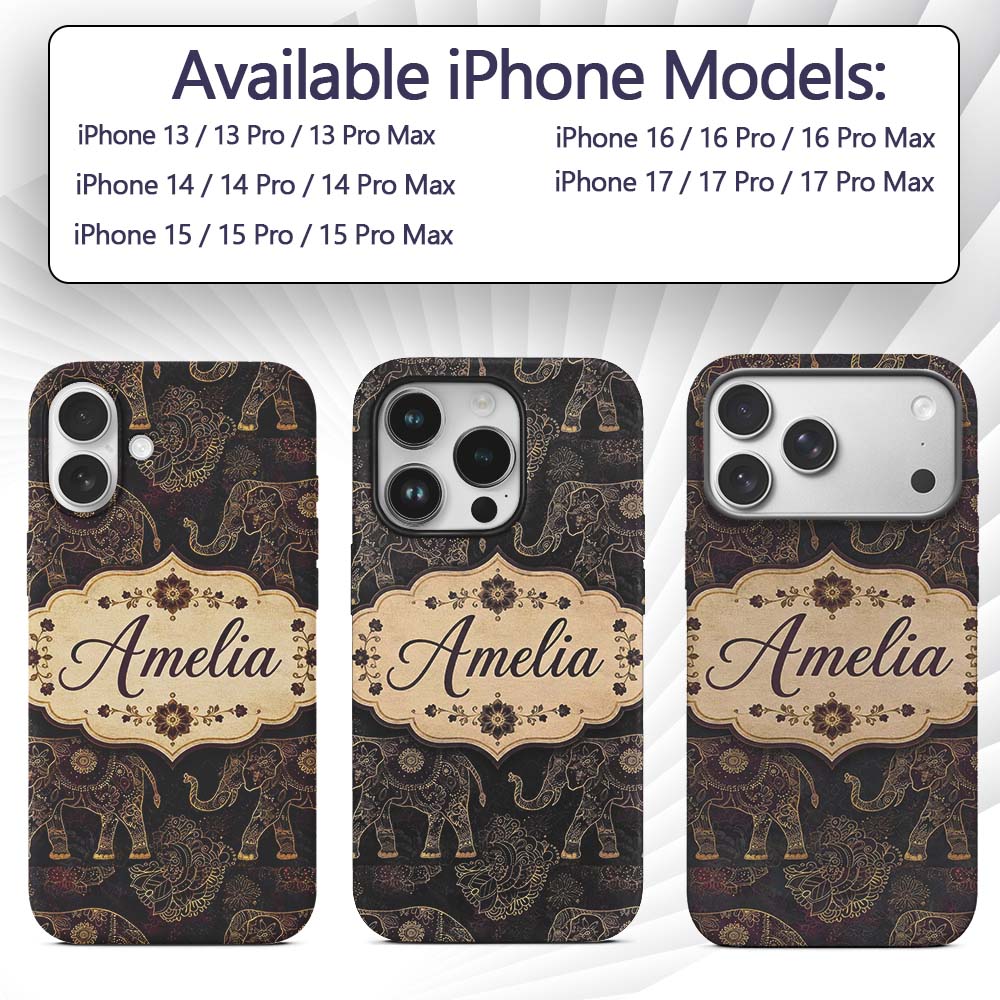 Elegant Gold Line Elephant and Paisley Seamless Custom Name Protective Phone Case Mobile Cover Durable Everyday Smartphone Shock Resistant