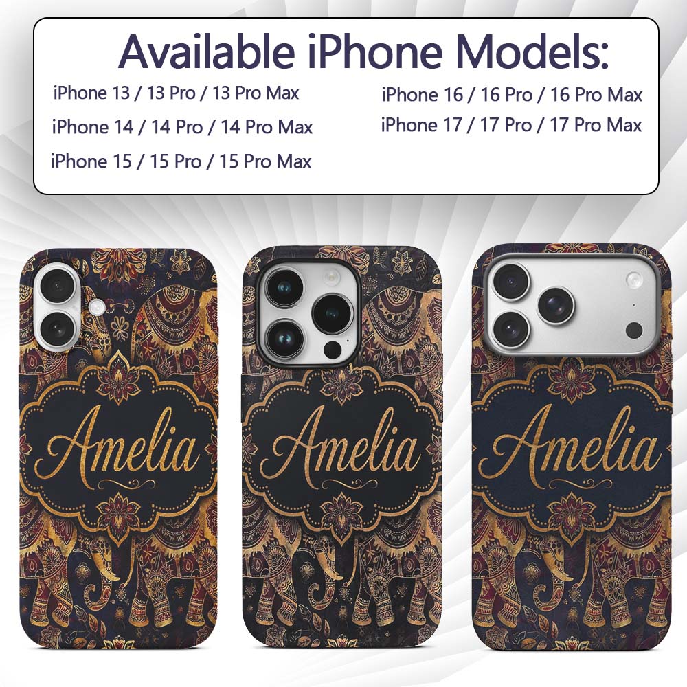 Rich Burgundy and Gold Elephant Ethnic Seamless Custom Name Protective Phone Case Mobile Cover Durable Everyday Smartphone Shock Resistant