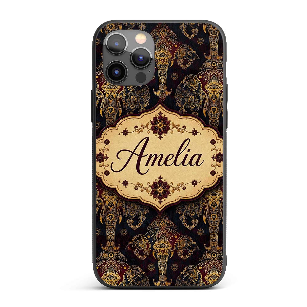 Luxury Gold Elephant with Floral Motif Seamless Custom Name Protective Phone Case Mobile Cover Durable Everyday Smartphone Shock Resistant