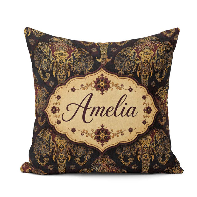Custom Name Luxury Gold Elephant Floral Motif Seamless Pattern Square Filled Cushion Throw Pillow Sofa Bed Home Decor Zip Washable UK Made