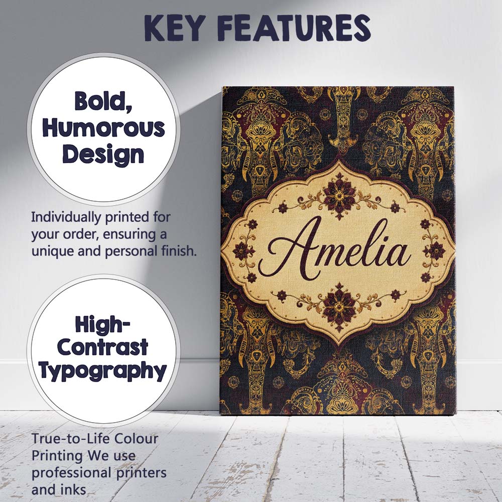 Personalised Name Luxury Gold Elephant with Custom  Bespoke Interior Contemporary Canvas Wall Art Print Decor Picture Ready to Hang