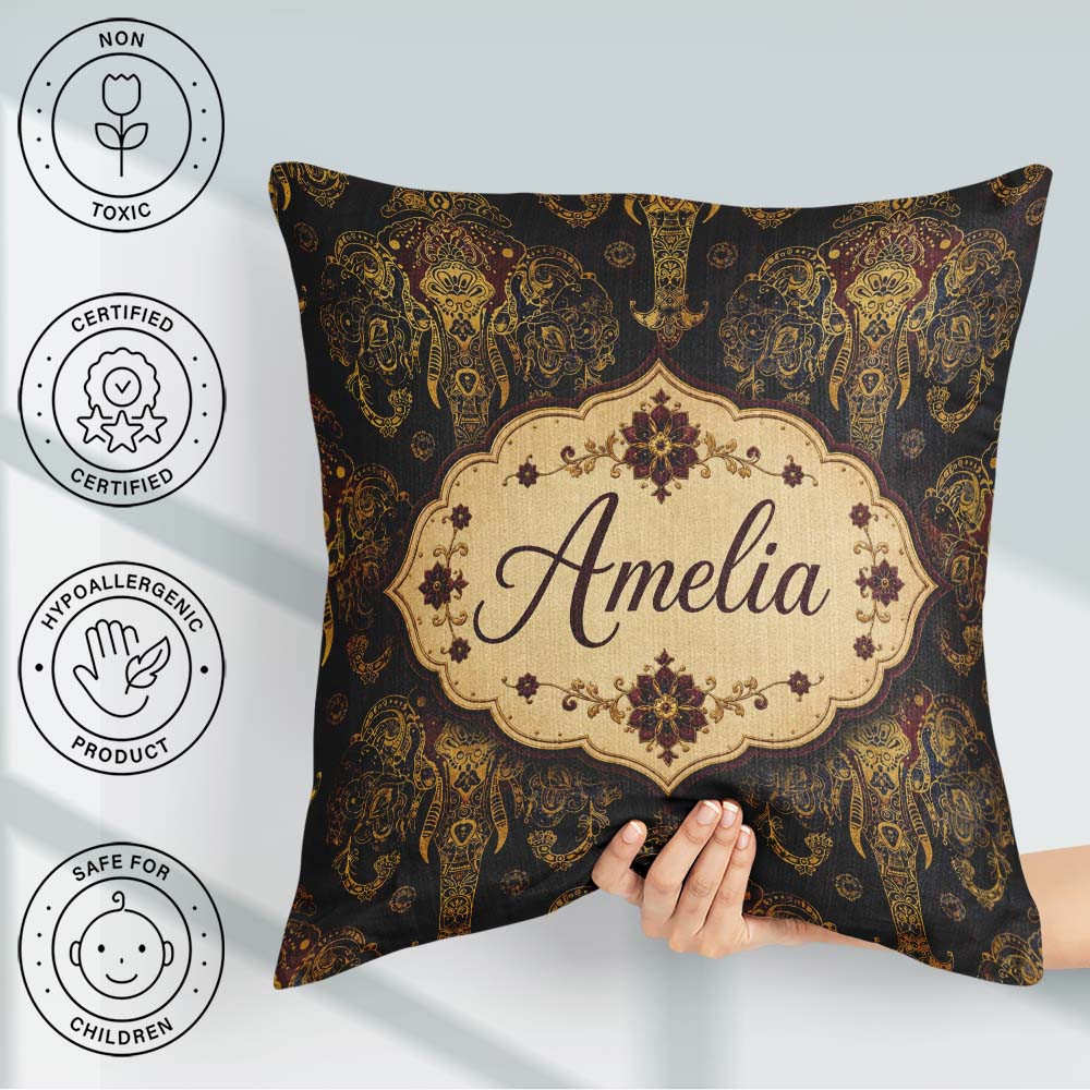 Custom Name Luxury Gold Elephant Floral Motif Seamless Pattern Square Filled Cushion Throw Pillow Sofa Bed Home Decor Zip Washable UK Made