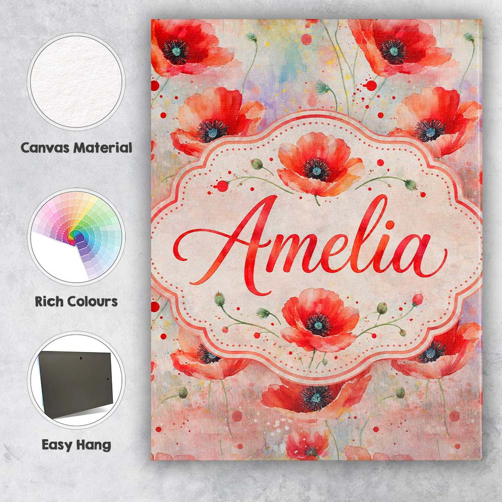 Personalised Name Watercolor Red Poppy Custom  Modern Room Accent Elegant Feature Canvas Wall Art Print Decor Picture Ready to Hang