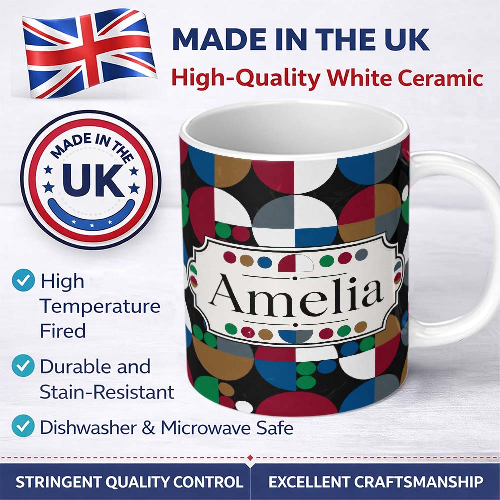 Personalized Custom Name Abstract Geometric Circle Pattern with Bold Colors Cute Unique Gift 11oz Ceramic Coffee Tea Mug White Large Handle