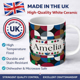 Personalized Custom Name Abstract Geometric Circle Pattern with Bold Colors Cute Unique Gift 11oz Ceramic Coffee Tea Mug White Large Handle