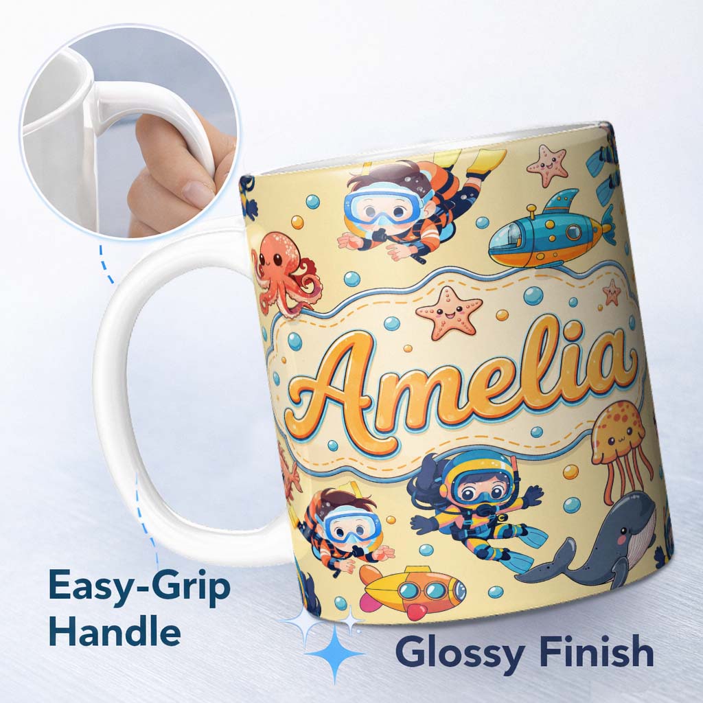 Personalized Custom Name Kids Scuba Divers Submarine Jellyfish Ocean Animals Warm Beige 11oz Ceramic Coffee Tea Mug White Large Handle