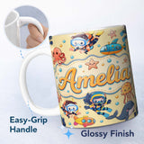 Personalized Custom Name Kids Scuba Divers Submarine Jellyfish Ocean Animals Warm Beige 11oz Ceramic Coffee Tea Mug White Large Handle