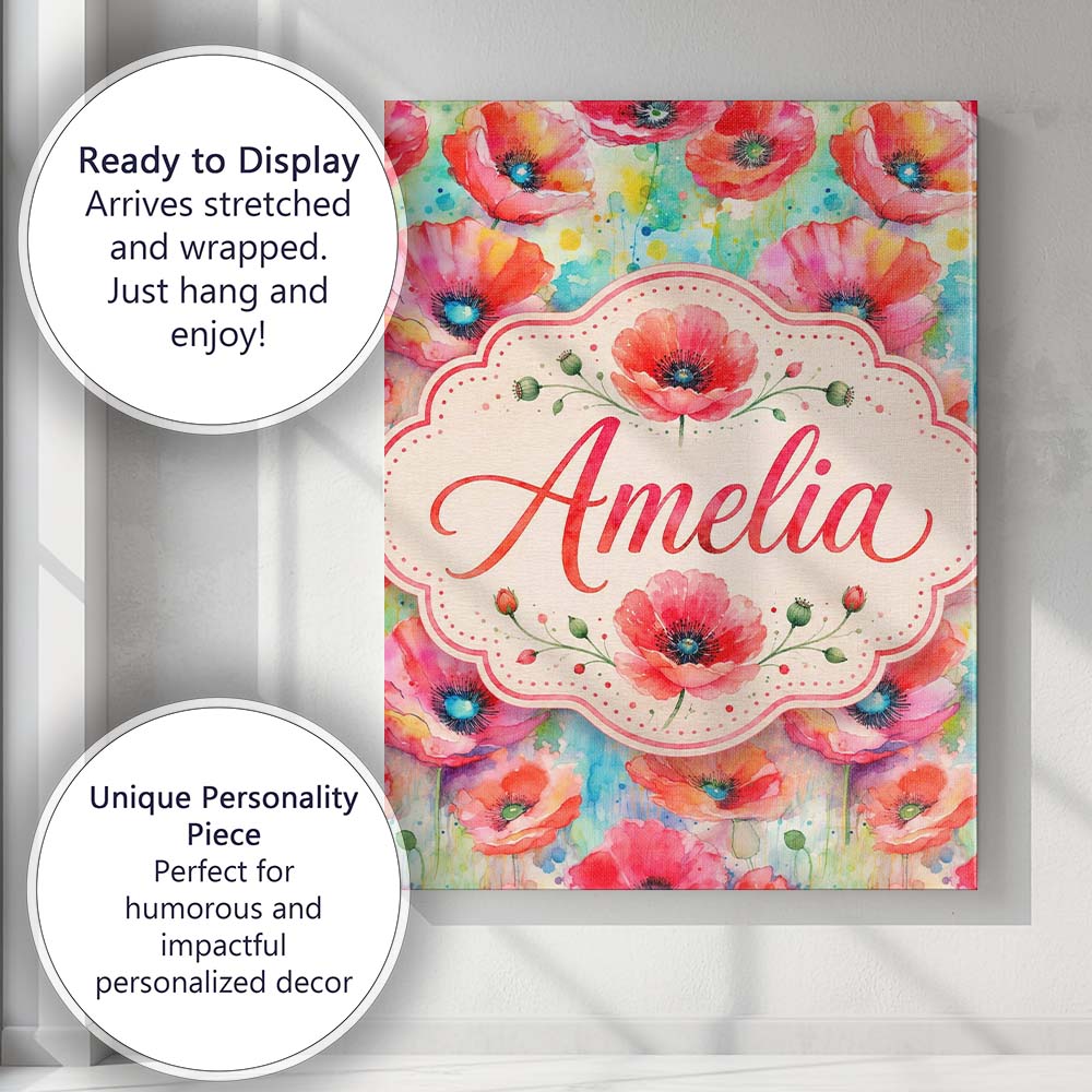 Personalised Name Vibrant Artistic Poppy Custom  Unique Gift Idea Elegant Feature Canvas Wall Art Print Decor Picture Ready to Hang