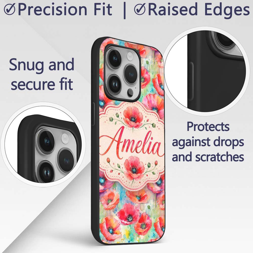Vibrant Artistic Poppy Flowers with Color Splash Custom Name Protective Phone Case Mobile Cover Durable Everyday Smartphone Shock Resistant