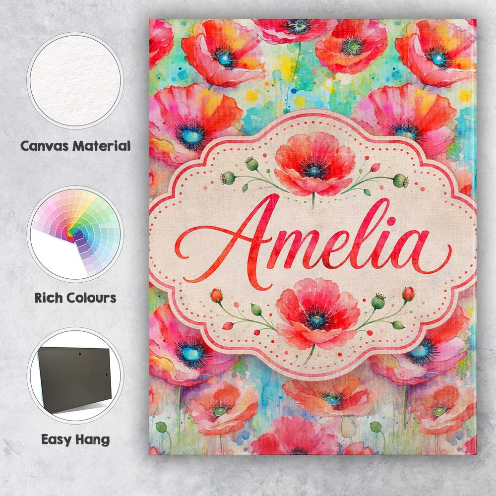 Personalised Name Vibrant Artistic Poppy Custom  Unique Gift Idea Elegant Feature Canvas Wall Art Print Decor Picture Ready to Hang