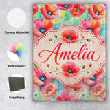 Personalised Name Vibrant Artistic Poppy Custom  Unique Gift Idea Elegant Feature Canvas Wall Art Print Decor Picture Ready to Hang