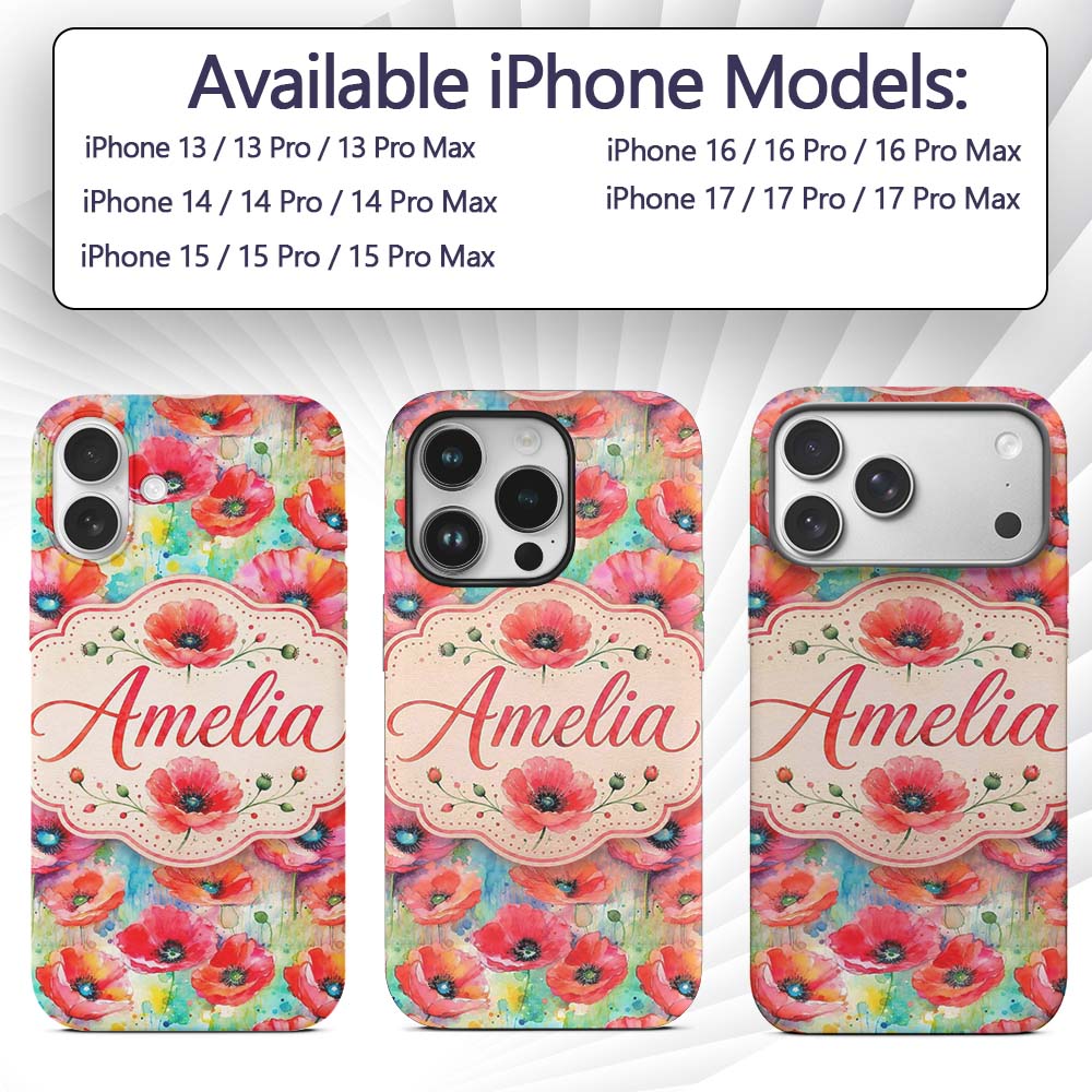 Vibrant Artistic Poppy Flowers with Color Splash Custom Name Protective Phone Case Mobile Cover Durable Everyday Smartphone Shock Resistant