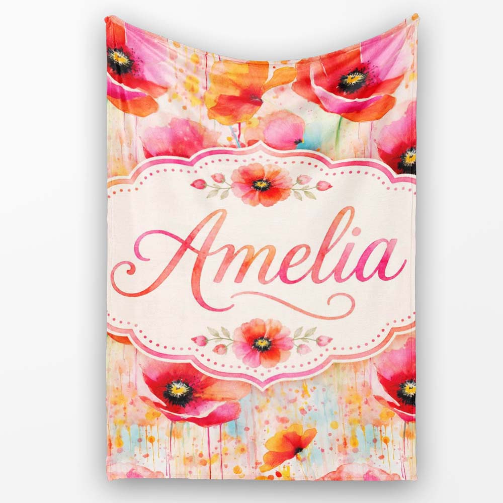 Abstract Watercolor Poppy Bloom with Drip Effect Seamless Pattern  Personalised Custom Name Super Soft Fleece Blanket Bed Sofa Throw
