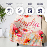 Abstract Watercolor Poppy Bloom with Drip Effect Seamless Pattern  Personalised Custom Name Super Soft Fleece Blanket Bed Sofa Throw