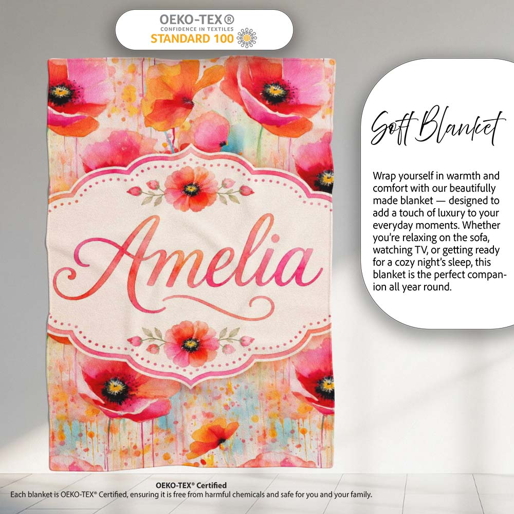 Abstract Watercolor Poppy Bloom with Drip Effect Seamless Pattern  Personalised Custom Name Super Soft Fleece Blanket Bed Sofa Throw