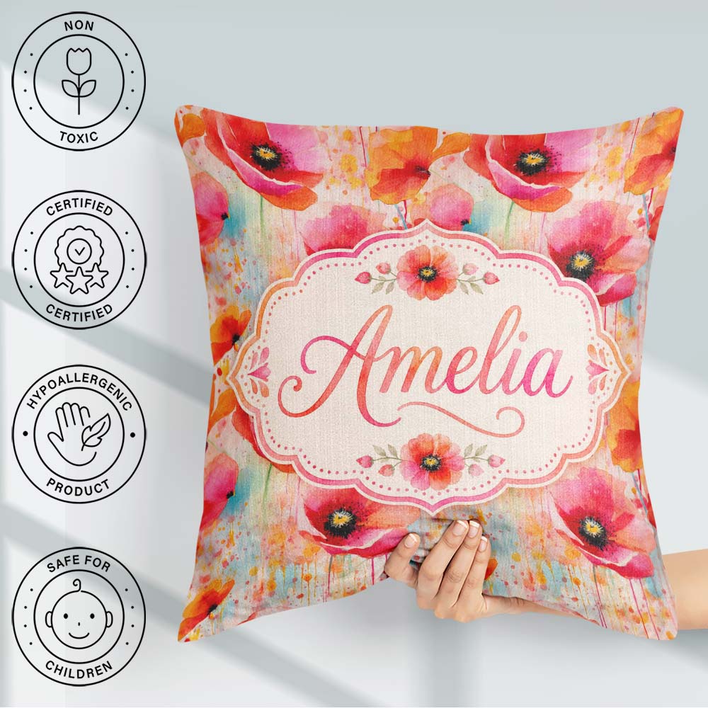 Custom Name Abstract Watercolor Poppy Bloom with Effect Seamless Square Filled Cushion Throw Pillow Sofa Bed Home Decor Zip Washable UK Made