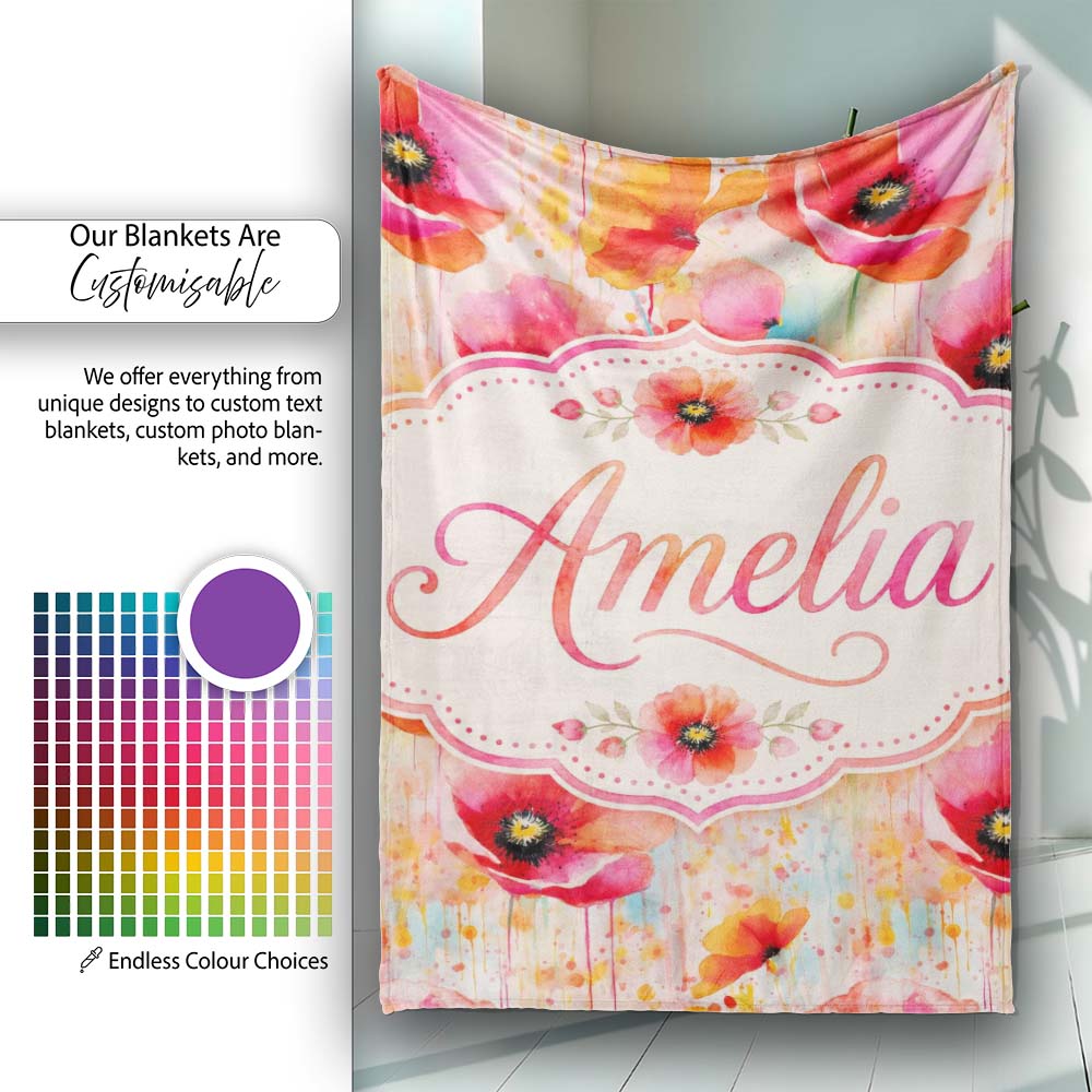 Abstract Watercolor Poppy Bloom with Drip Effect Seamless Pattern  Personalised Custom Name Super Soft Fleece Blanket Bed Sofa Throw