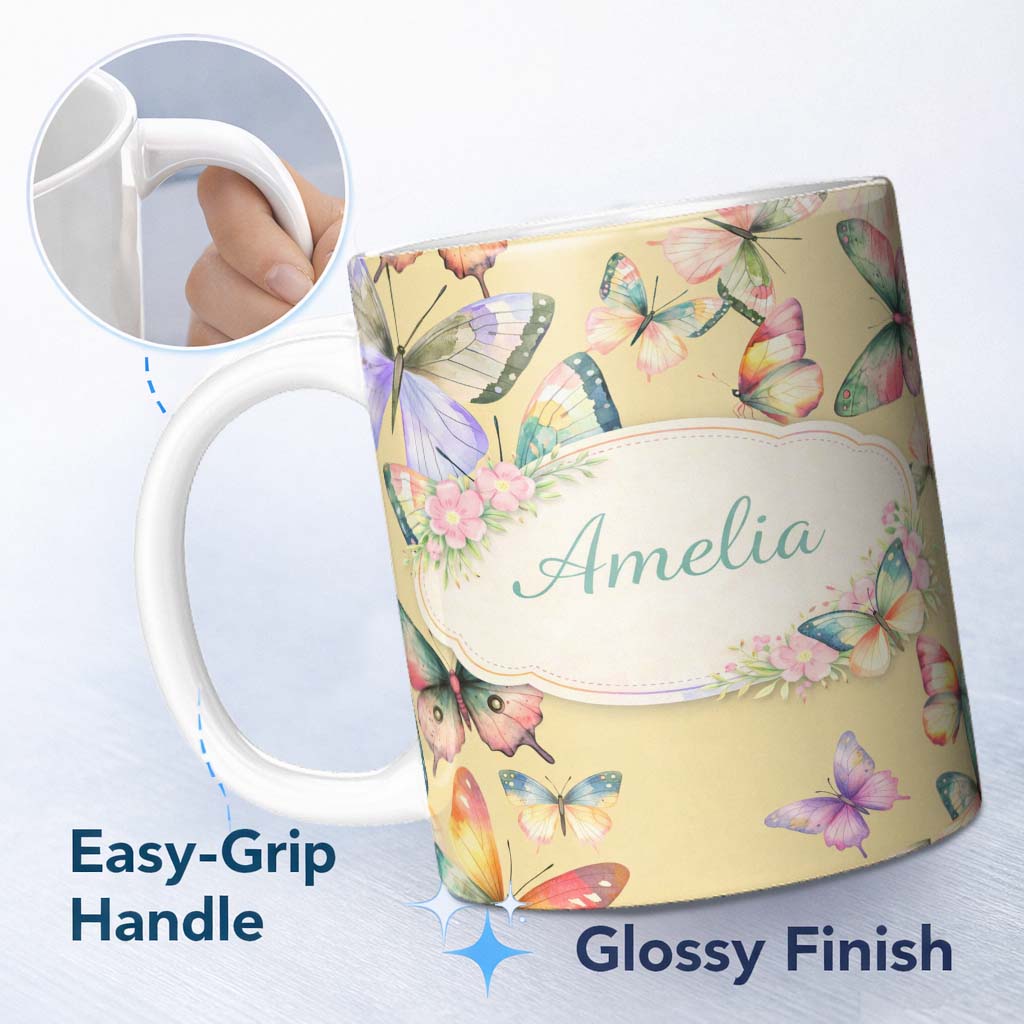 Personalized Custom Name Watercolor Butterfly Leaf Botanical Seamless Pattern Lovely 11oz Ceramic Coffee Tea Mug White Large Handle