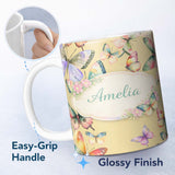 Personalized Custom Name Watercolor Butterfly Leaf Botanical Seamless Pattern Lovely 11oz Ceramic Coffee Tea Mug White Large Handle