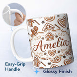 Personalized Custom Name Watercolor Gingerbread Cookies Star Anise Festive Seamless Pattern 11oz Ceramic Coffee Tea Mug White Large Handle