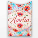 Bright Poppy Flowers on Soft Blue Watercolor Background Seamless  Personalised Custom Name Super Soft Fleece Blanket Bed Sofa Throw