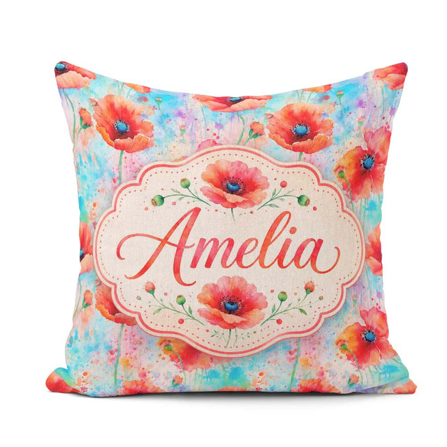 Custom Name Bright Poppy Flowers Soft Blue Watercolor Background Square Filled Cushion Throw Pillow Sofa Bed Home Decor Zip Washable UK Made