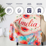 Bright Poppy Flowers on Soft Blue Watercolor Background Seamless  Personalised Custom Name Super Soft Fleece Blanket Bed Sofa Throw