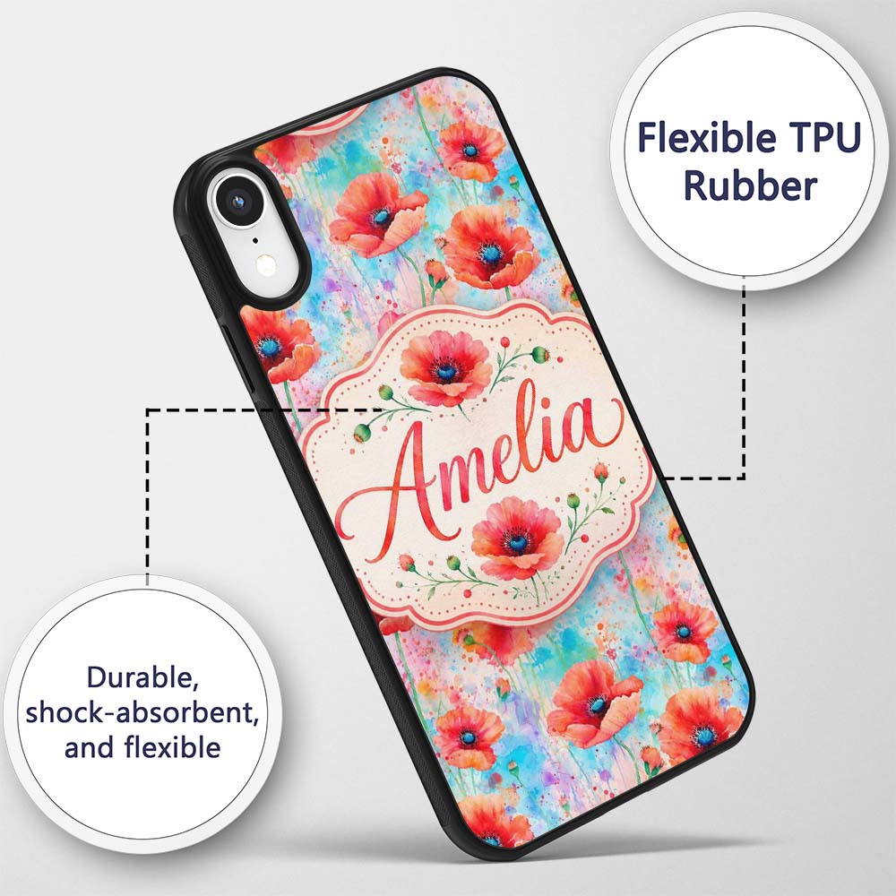 Bright Poppy Flowers on Soft Blue Watercolor Custom Name Protective Phone Case Mobile Cover Durable Everyday Smartphone Shock Resistant