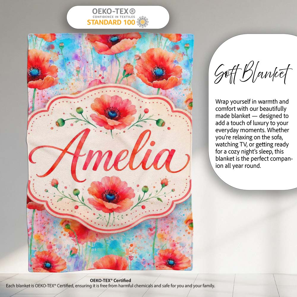 Bright Poppy Flowers on Soft Blue Watercolor Background Seamless  Personalised Custom Name Super Soft Fleece Blanket Bed Sofa Throw