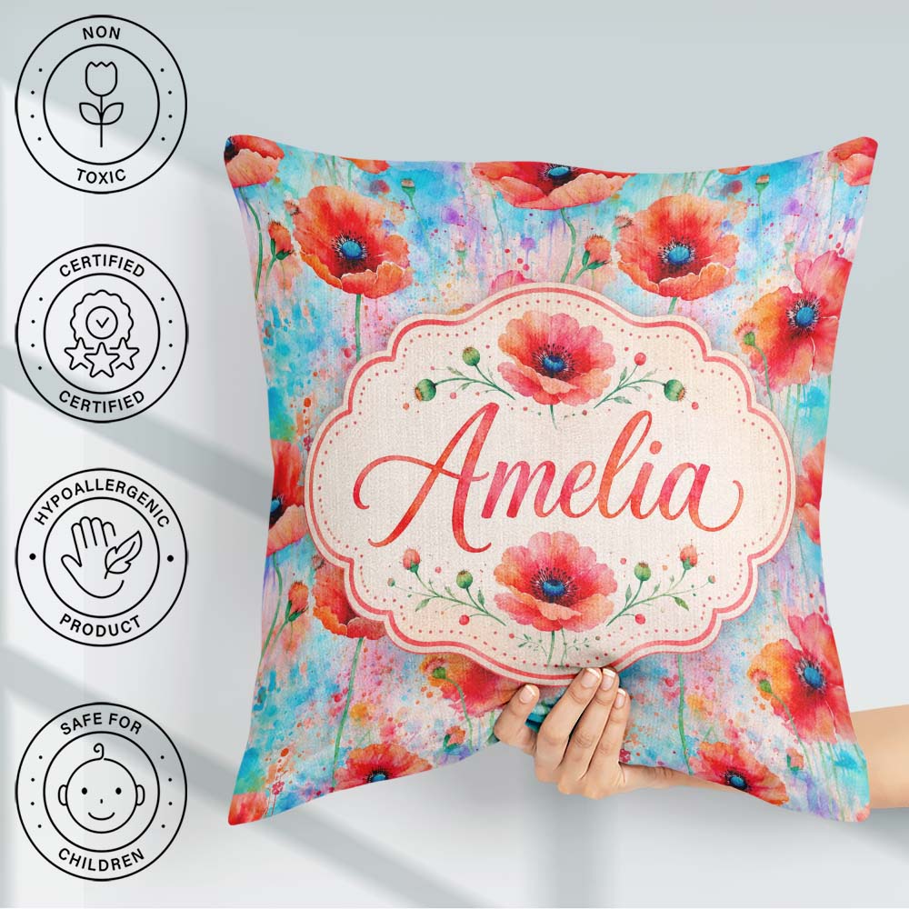 Custom Name Bright Poppy Flowers Soft Blue Watercolor Background Square Filled Cushion Throw Pillow Sofa Bed Home Decor Zip Washable UK Made