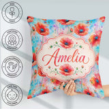 Custom Name Bright Poppy Flowers Soft Blue Watercolor Background Square Filled Cushion Throw Pillow Sofa Bed Home Decor Zip Washable UK Made