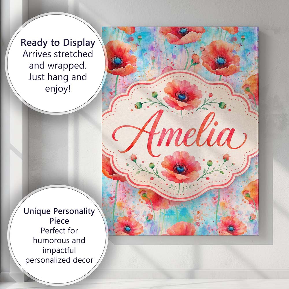 Personalised Name Bright Poppy Flowers on Custom  Unique Gift Idea Elegant Feature Canvas Wall Art Print Decor Picture Ready to Hang