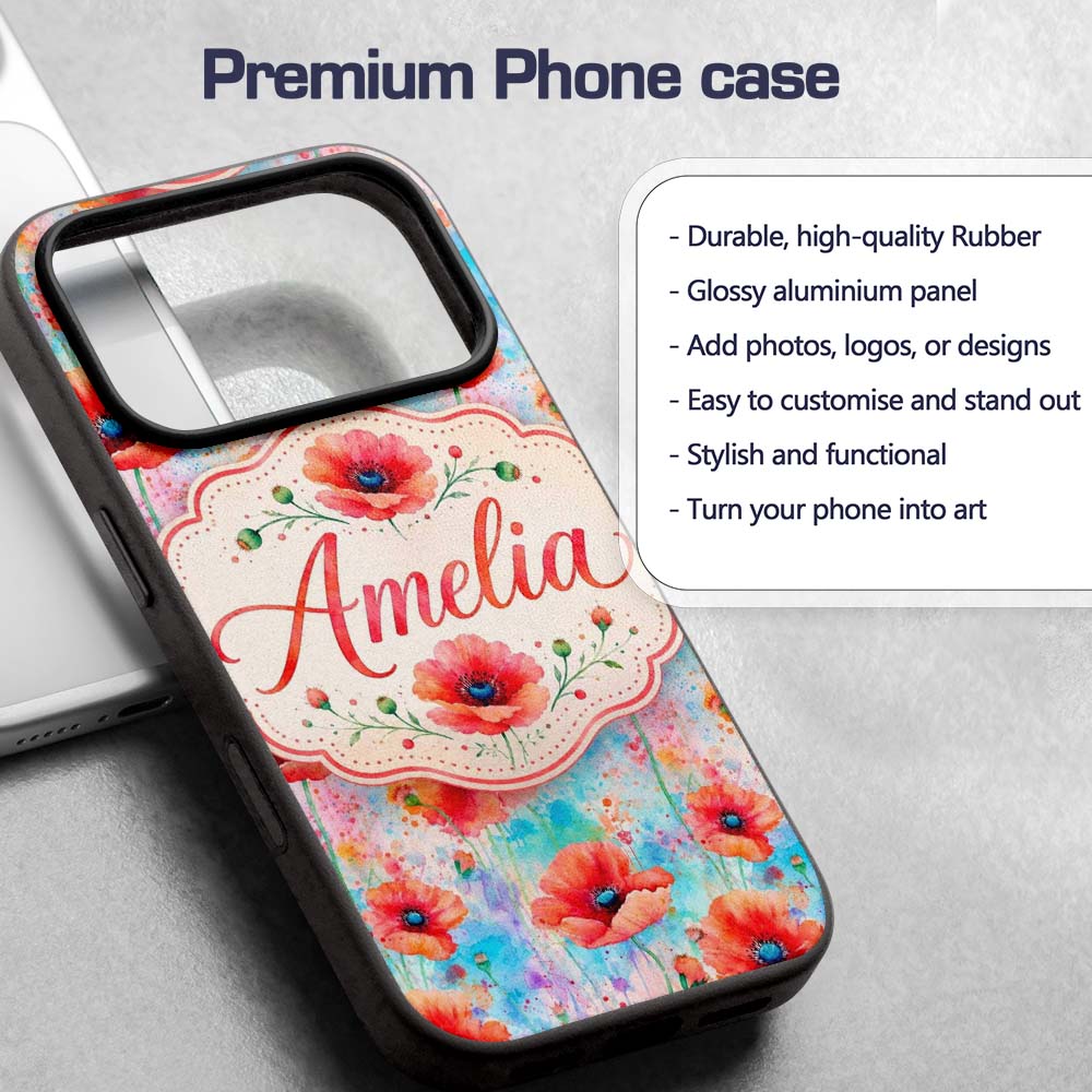 Bright Poppy Flowers on Soft Blue Watercolor Custom Name Protective Phone Case Mobile Cover Durable Everyday Smartphone Shock Resistant