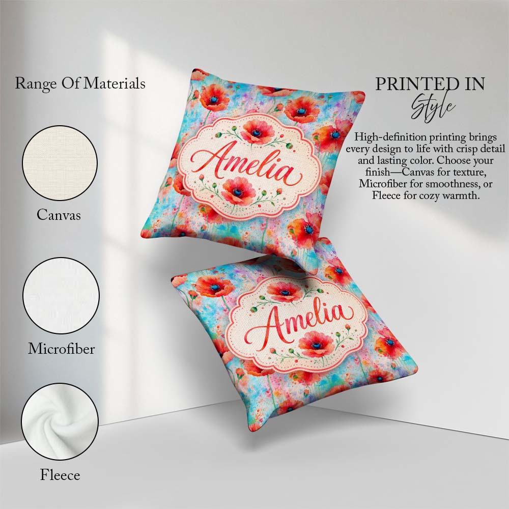 Custom Name Bright Poppy Flowers Soft Blue Watercolor Background Square Filled Cushion Throw Pillow Sofa Bed Home Decor Zip Washable UK Made
