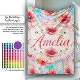 Bright Poppy Flowers on Soft Blue Watercolor Background Seamless  Personalised Custom Name Super Soft Fleece Blanket Bed Sofa Throw