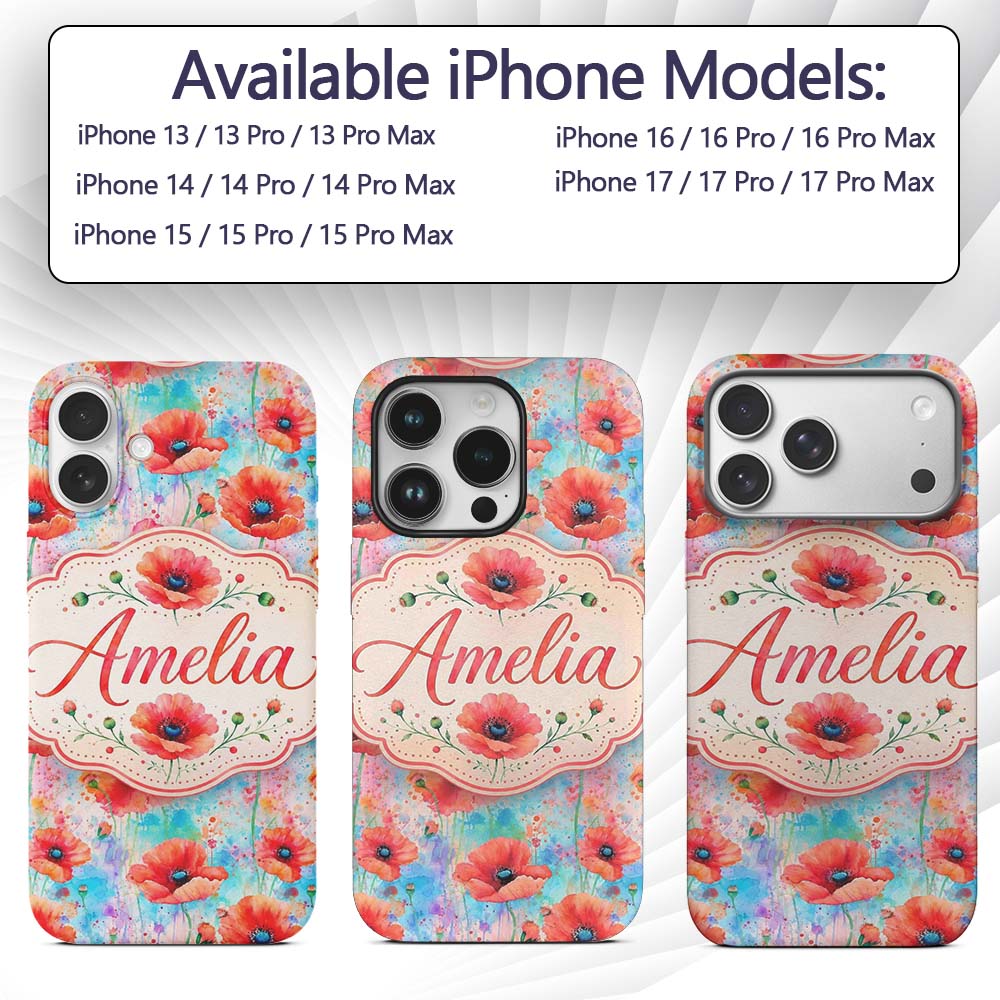 Bright Poppy Flowers on Soft Blue Watercolor Custom Name Protective Phone Case Mobile Cover Durable Everyday Smartphone Shock Resistant