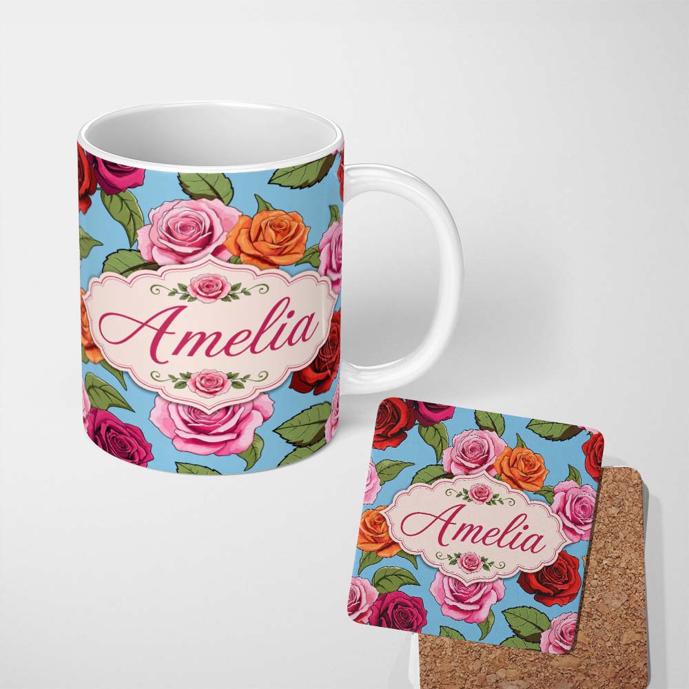 Personalized Custom Name Colorful Roses on Sky Blue Background Seamless Floral Pattern Lovely 11oz Ceramic Coffee Tea Mug White Large Handle