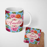 Personalized Custom Name Colorful Roses on Sky Blue Background Seamless Floral Pattern Lovely 11oz Ceramic Coffee Tea Mug White Large Handle