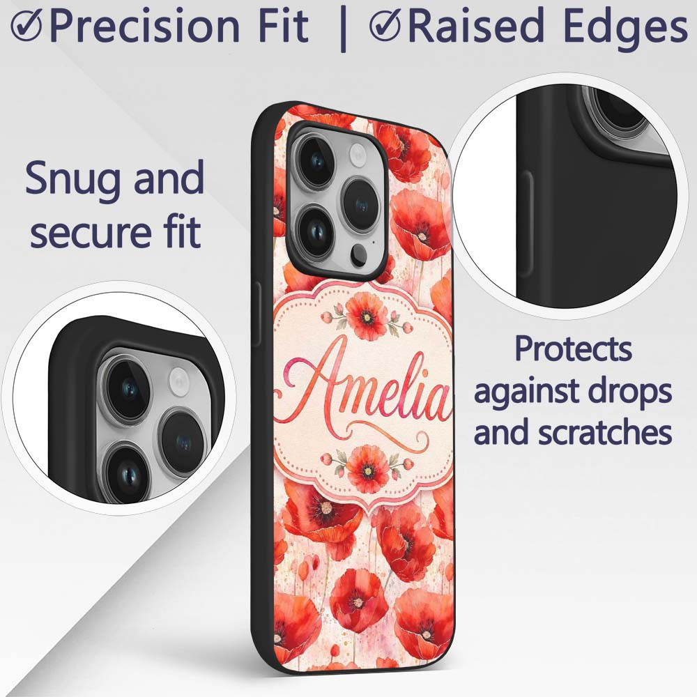 Delicate Red Poppy Floral Watercolor Seamless Custom Name Protective Phone Case Mobile Cover Durable Everyday Smartphone Shock Resistant