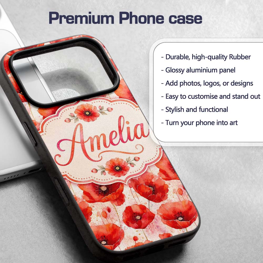 Delicate Red Poppy Floral Watercolor Seamless Custom Name Protective Phone Case Mobile Cover Durable Everyday Smartphone Shock Resistant