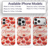 Delicate Red Poppy Floral Watercolor Seamless Custom Name Protective Phone Case Mobile Cover Durable Everyday Smartphone Shock Resistant