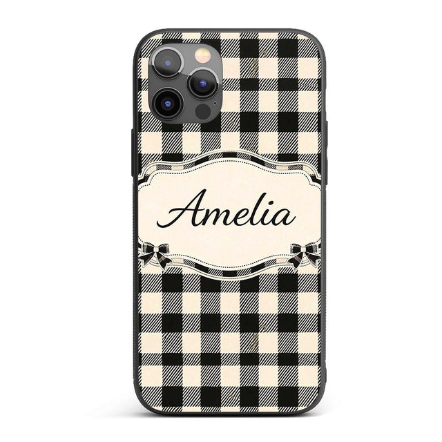 Fine Line Gingham Black Cream Textured Check Custom Name Protective Phone Case Mobile Cover Durable Everyday Smartphone Shock Resistant
