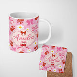 Personalized Custom Name Cute Cherry Bow Daisy Heart Seamless Pattern on Soft Pink Gingham 11oz Ceramic Coffee Tea Mug White Large Handle